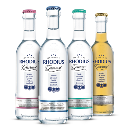 RHODIUS Gourmet 0,25 l in vier verschiedenen Sorten. Vier verschiedene Sorten von RHODIUS Gourmet nebeneinander.