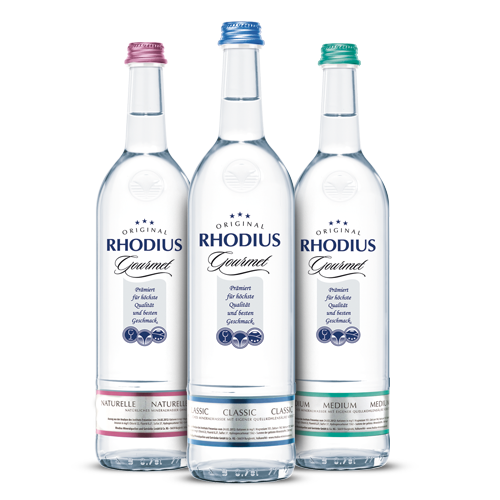 RHODIUS Gourmet 0,75 l in drei verschiedenen Sorten. Drei verschiedene Sorten von RHODIUS Gourmet.